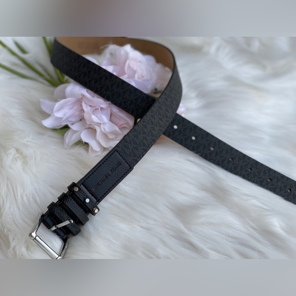 Michael Kors Women's Triple Loop Studded Black Logo Belt - Picture 6 of 14